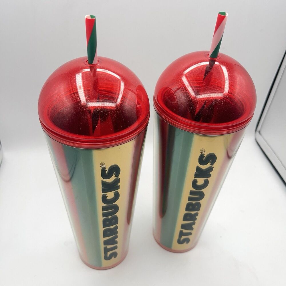Starbucks 2024 Metallic Red, Green & Gold Stripe Cold Cup - Set Of 2 - Picture 3 of 16